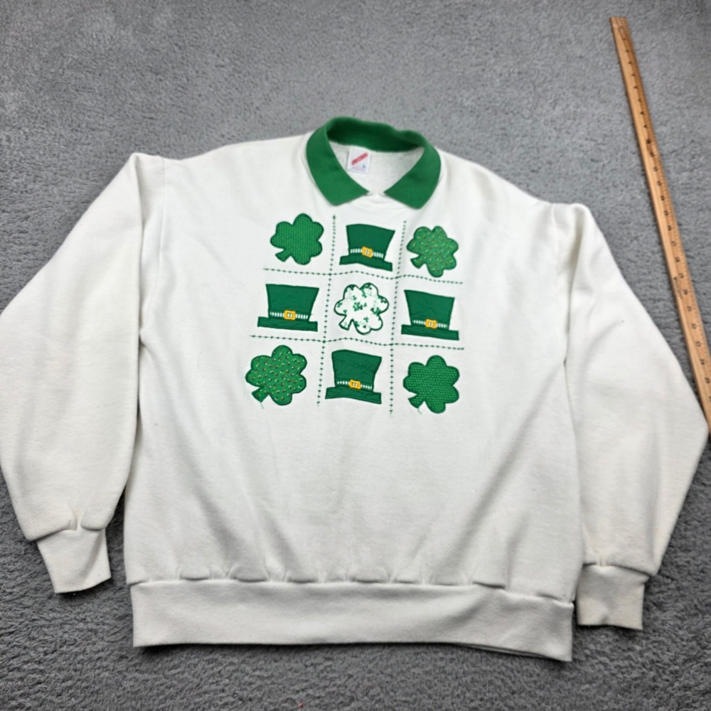 Vintage Jerzees St Patricks Day Sweatshirt Womens Large White Green Shamrock 90s